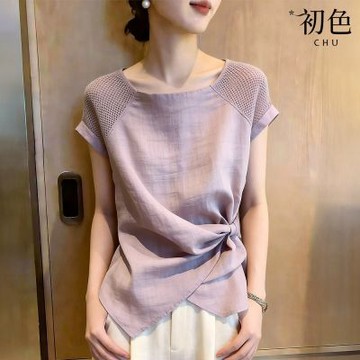 初色 韓系通勤風圓領短袖收腰側邊扭結不規則下襬素色T恤上衣女上衣-紫色-52240(M-XL可選)