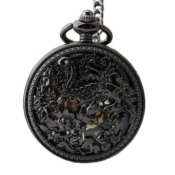 鎢鋼黑機械懷表中老年鳳凰圖案有機玻璃鏡面懷表復古高品質收藏品