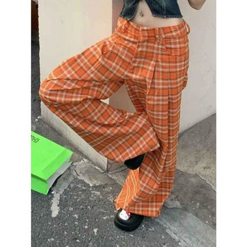 美式復古橘色格紋休閑闊腿褲女春夏多巴胺穿搭寬松拖地格子長褲子