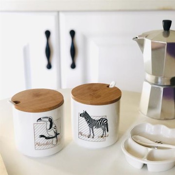 ins可愛卡通竹子蓋陶瓷調味罐鹽味精糖罐帶勺