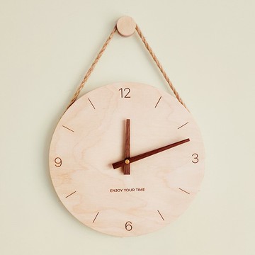 木制吊繩創意掛鐘北歐日式鐘表 家居客廳時鐘裝飾Wall Clock