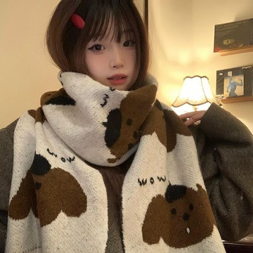 出清不補    圍巾 圍巾男 韓國 脖圍 針織圍巾 交換禮物 圍巾披肩 可愛卡通小狗針織圍巾女2024年秋冬季氛