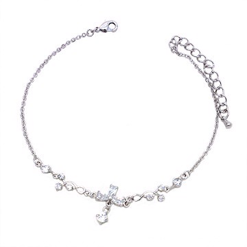 Charme 典雅花紋 幸運草垂墜腳鍊 (白K+白色水晶鑽)