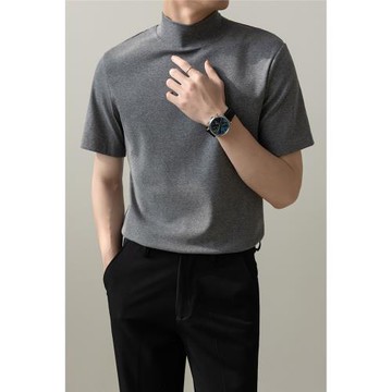 男士夏季新款休閑透氣輕熟風修身純色半袖百搭t恤打底小高領短袖