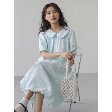 冰藍色泡泡縐肌理條紋法式彼得潘領短袖襯衫半身裙套裝女兩件套夏