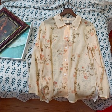 夏季半透明長袖雪紡防曬衫薄襯油畫風氣質淺黃色寬松百搭上衣