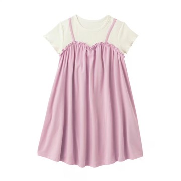 日本千趣會 - 假二件背蝴蝶結吊帶短袖洋裝-粉x米白