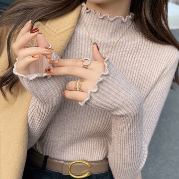 9th street 秋冬木耳邊針織衫｜修身粗紋長袖打底衣・2025內搭氣質衣 (預購)