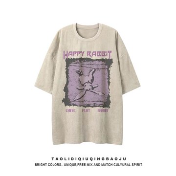 復古vintage水洗兔子印花短袖T恤女夏季寬松休閑情侶裝五分袖體恤