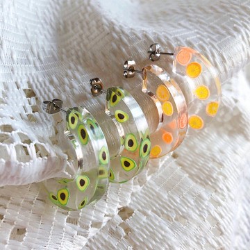 酪梨 橘子C字耳環 手作 乾燥花 日本樹脂 真花