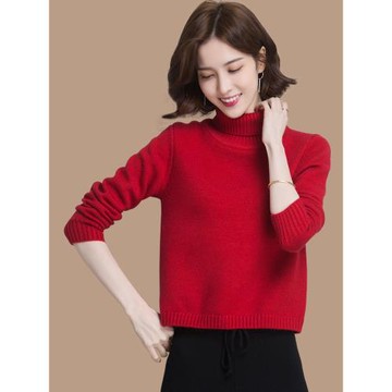 高領紅色高腰毛衣女短款秋冬2025新款內搭加厚針織打底衫洋氣寬松