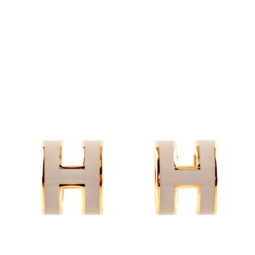 HERMES Mini Pop H立體簍空橢圓LOGO耳環(奶茶色/金色)