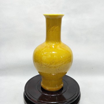 明弘治年制暗刻龍鳳紋黃釉長頸瓶 全手工精品家居擺件 仿古瓷器1入
