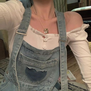 網紅減齡愛心牛仔背帶褲女夏季韓版寬松顯瘦薄款可愛直筒闊腿長褲