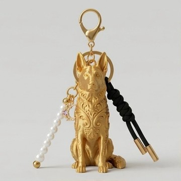 犬 (德國牧羊犬) 鑰匙圈 立體模型 絲綢金色