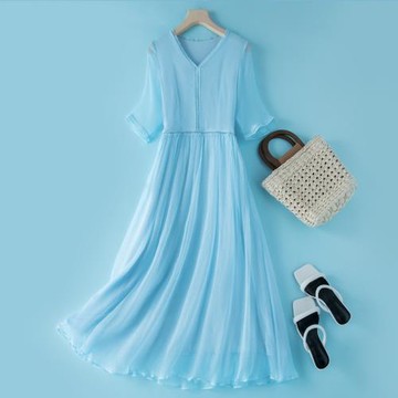 杭州真絲連衣裙女夏年新款七分袖顯瘦長款A字仙女裙批發