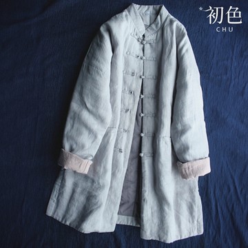初色 國風禪意亞麻單排釦盤扣中長款立領長袖夾棉外套女外套-共2色-39164(M-2XL可選)