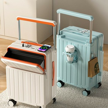 寬拉桿行李箱男女多功能前開口20寸登機箱新款水杯架密碼旅行箱子