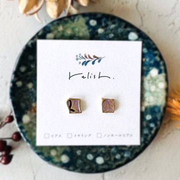 【再販】波佐見燒 金繼 耳針/耳夾/無耳洞耳環 陶瓷 小巧 紫色 金色 葉子 葉飾 禮物 贈品 贈り物