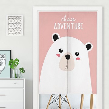 半島良品 簡約北歐風半開型棉麻門簾-粉底小熊(附伸縮桿)