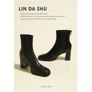 【林大叔】方頭粗跟高跟馬丁靴女2025新款彈力瘦瘦靴洋氣短靴黑色