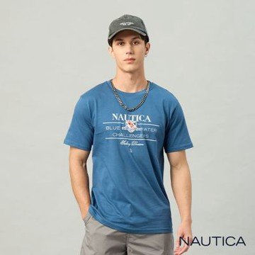 Nautica 官方旗艦 男裝 徽章印花純棉短袖上衣-藍色