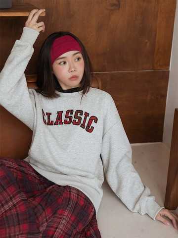 棉質字母格紋刺繡休閒大學T