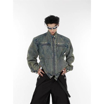 潮牌復古做舊金屬設計感無領墊肩