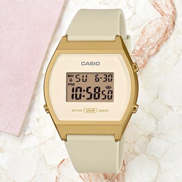 ［感謝有你］【CASIO 卡西歐】運動休閒電子錶-米白x金框 女錶 學生錶 送禮 禮物 推薦 LW-204-9A