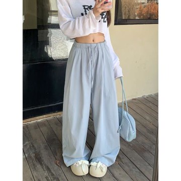 PPHOME慵懶周末~松緊腰抽繩寬松闊腿褲女夏季薄款休閑褲拖地長褲