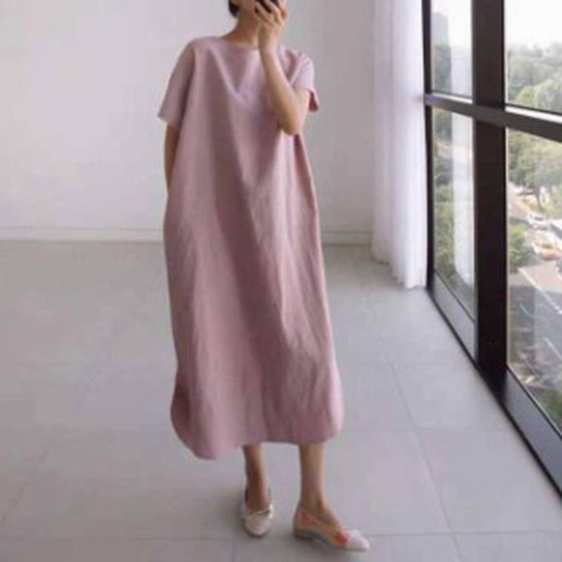 コットンリネン 綿麻 レディース ミモレ丈ワンピース 夏春 きれいめ ロング Tシャツワンピース 半袖 ゆったり 無地 カジュアル 大人 上品 通販 Lineポイント最大get Lineショッピング