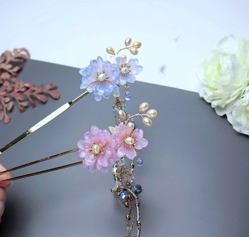 檸檬手作髮飾 松葉牡丹髮簪 (粉紫、藍兩色 流蘇可拆)