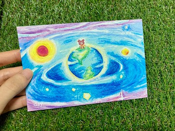 【 水彩 木顏色 繪製 明信片 】幸福 歪嘴 小熊 遊宇宙