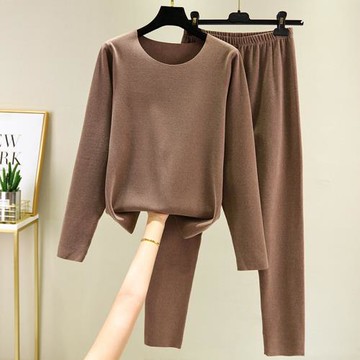 秋冬德絨打底衫女長袖圓領兩件套大碼加厚雙面加絨保暖長褲套裝