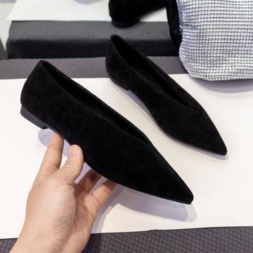 2025新款歐美時尚尖頭單鞋女淺口百搭鞋女平底懶人鞋加絨軟皮單鞋