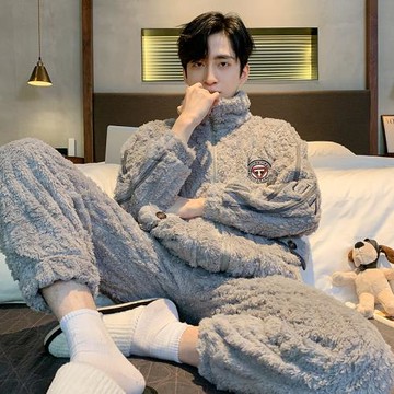 珊瑚絨睡衣男加絨秋冬款加厚拉鏈立領法蘭絨冬天男生家居服套裝