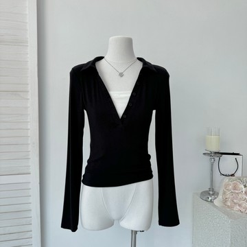 Archivum 復古假兩件撞色polo深V領針織長袖顯瘦性感顯瘦辣妹上衣