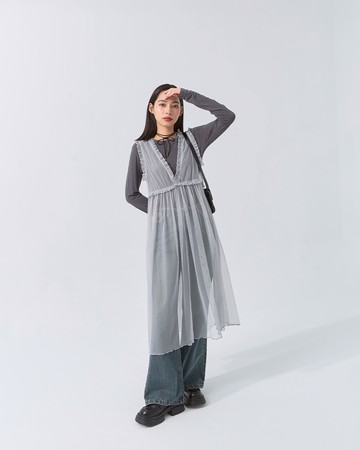 荷葉金蔥透紗兩穿罩衫洋裝 兩色售