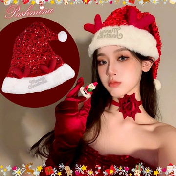 新品7413【🎅🏻🎄紅色亮片鹿角聖誕帽🎅🏻🛷】自留款🛷爆炸可愛聖誕帽聖誕帽成人聖誕帽髮夾聖誕髮箍聖誕節套裝聖誕節裝飾品