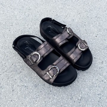 軟糖三釦環! 穩步後繫帶涼拖鞋 全真皮 黑銀 -星光灰
