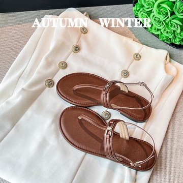 法式仙女晚風平底涼鞋女2023年新款夏季女士棕色配裙子沙灘羅馬鞋