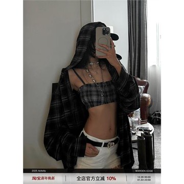 韓好甜WARDEN EDGE辣度滿格 格子抹胸背心女辣妹短款露臍裹胸上衣