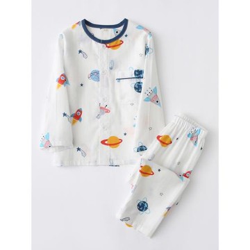 春夏純棉雙層紗布男童長袖長褲卡通可愛睡衣中大童春秋全棉家居服