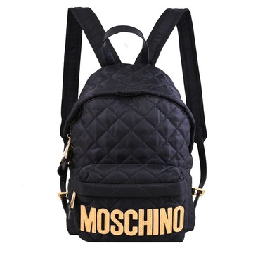 MOSCHINO 亮金LOGO菱格尼龍雙拉鍊後背包.黑