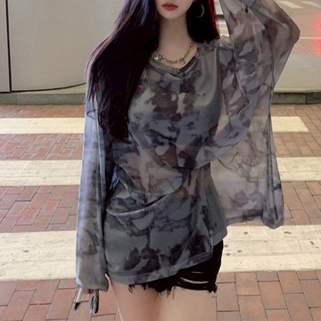 夏季薄款網紗冰絲防曬衫長袖T恤女寬松百搭中長款罩衫扎染上衣ins