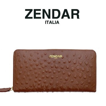 【ZENDAR】限量1折 頂級小羊皮鴕鳥紋拉鍊長夾 全新專櫃展示品(咖啡色)