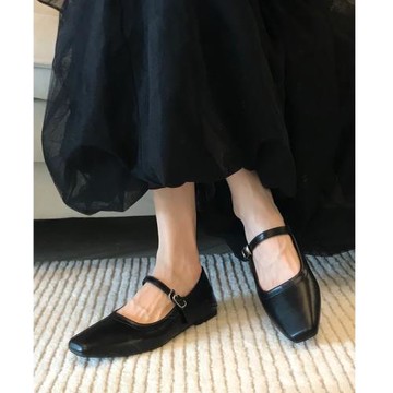 羊皮版！復古方頭淺口瑪麗珍鞋仙女日系晚風一字帶法式單鞋女平底