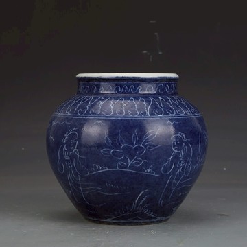 清康熙藍釉雕刻人物罐古董古玩收藏真品仿古瓷器擺件老物件舊貨