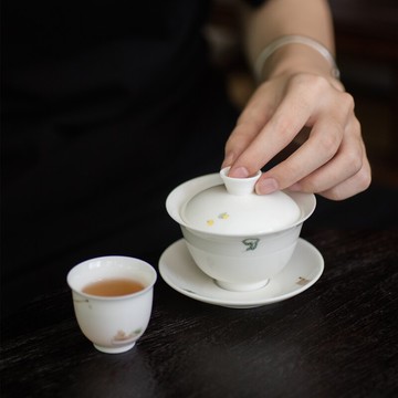 功夫道手繪繁文三才蓋碗豬油白茶杯單個白瓷薄胎陶瓷敬茶碗茶碗