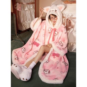 宮蝶【蓄熱型】mikko秋冬季睡衣女加厚珊瑚絨保暖可愛斗篷家居服